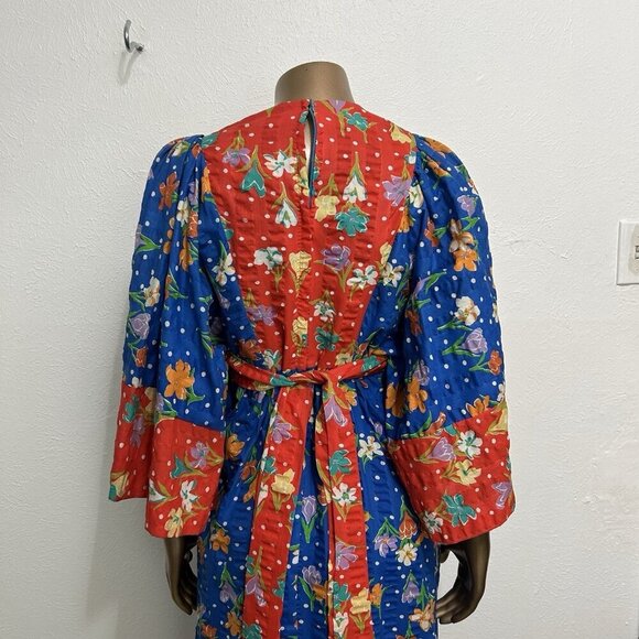 1960s Young Innocents by Arpeja Red & Blue Cotton Floral Print Caftan Dress Sz S - Picture 5 of 12